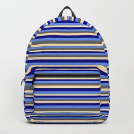 [ Thumbnail: Beige, Dark Blue, Cornflower Blue, and Dim Gray Colored Stripes Pattern Backpack ]