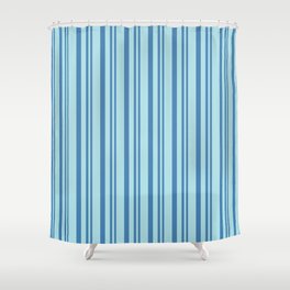 [ Thumbnail: Blue and Powder Blue Colored Striped Pattern Shower Curtain ]