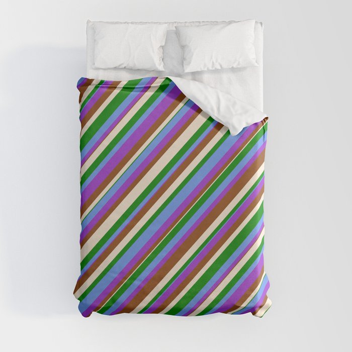 Colorful Cornflower Blue, Dark Orchid, Brown, Beige & Green Colored Lined/Striped Pattern Duvet Cover