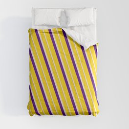 [ Thumbnail: Yellow, Beige, and Indigo Colored Lines/Stripes Pattern Comforter ]