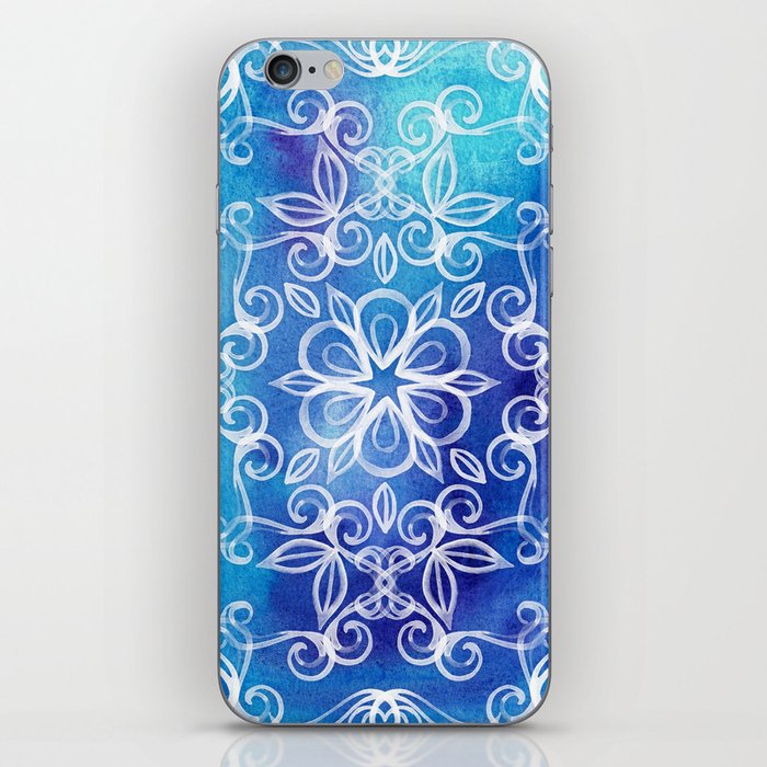 White Floral Painted Pattern on Blue Watercolor iPhone Skin
