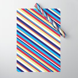 [ Thumbnail: Eyecatching Midnight Blue, Deep Sky Blue, Crimson, Tan, and White Colored Lined Pattern Wrapping Paper ]