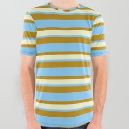 [ Thumbnail: Light Sky Blue, Dark Goldenrod, and Light Yellow Colored Lined/Striped Pattern All Over Graphic Tee ]