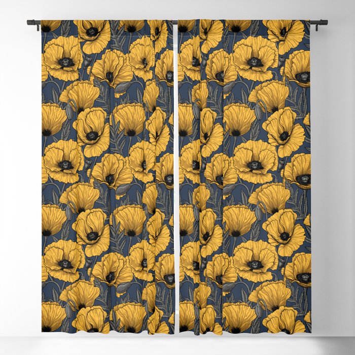 Yellow poppy garden on navy Blackout Curtain