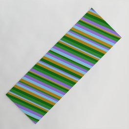 [ Thumbnail: Vibrant Purple, Light Sky Blue, Dark Goldenrod, Dark Green, and Forest Green Colored Lines Pattern Yoga Mat ]