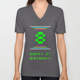 [ Thumbnail: 8th Birthday - Nerdy Geeky Pixelated 8-Bit Computing Graphics Inspired Look V Neck T Shirt V-Neck T-Shirt ]
