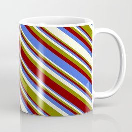 [ Thumbnail: Green, Maroon, Royal Blue, and Beige Colored Stripes/Lines Pattern Coffee Mug ]