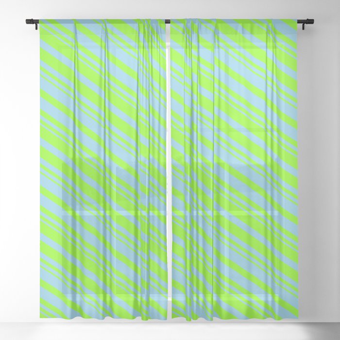 Sky Blue and Chartreuse Colored Pattern of Stripes Sheer Curtain