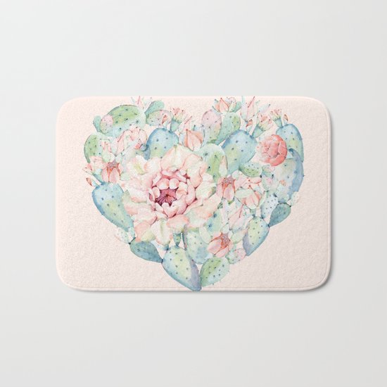 Cactus Rose Heart on Pink Bath Mat