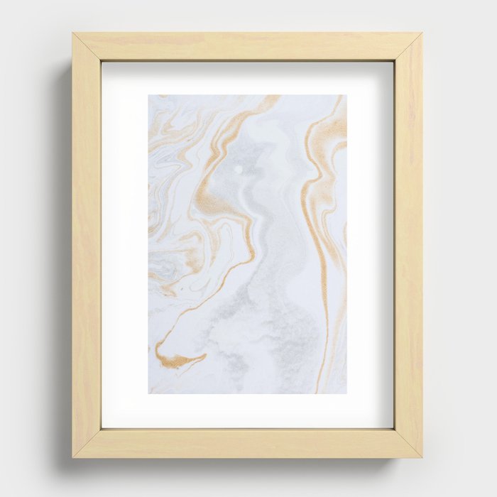 White & Gold Liquid Marble Swirls Recessed Framed Print