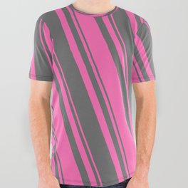 [ Thumbnail: Hot Pink and Dim Grey Colored Pattern of Stripes All Over Graphic Tee ]