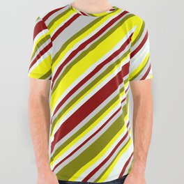 [ Thumbnail: Eyecatching Green, Yellow, Mint Cream, Dark Red, and Light Gray Colored Lined Pattern All Over Graphic Tee ]