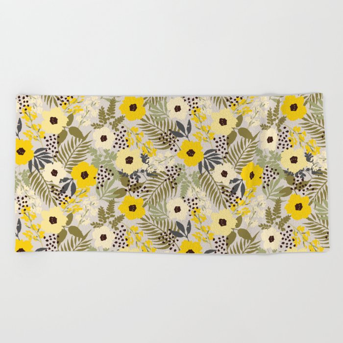 Yellow Boho Style Tropical Florals  Beach Towel