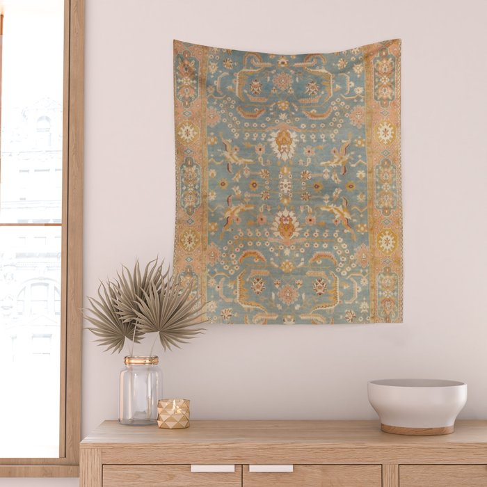 Antique Golden Peach Blue Turkish Oushak Rug Print Wall Tapestry by  Archipelago