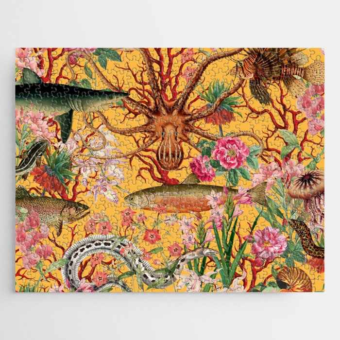 Floral Ocean Eden on Yellow Jigsaw Puzzle