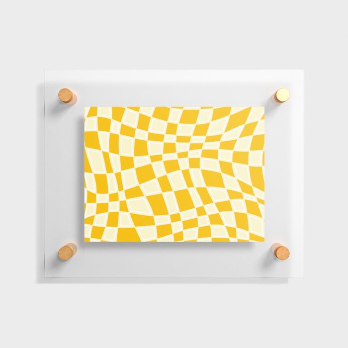 Abstract Retro Swirl Curvy Checkerboard Square Pattern Design // Yellow Mustard Colors Floating Acrylic Print