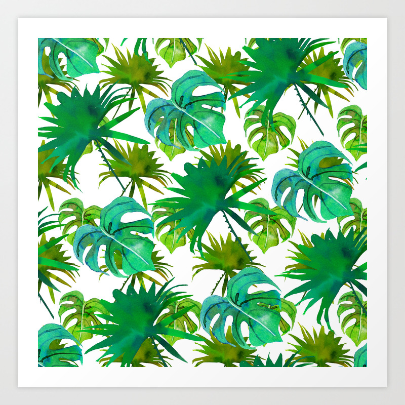 Abstract Hand Painted Forest Green Watercolor Tropical Leaves Art