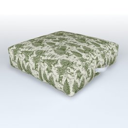 Bigfoot / Sasquatch Toile de Jouy in Forest Green Outdoor Floor Cushion | Footprints, Myth, Camping, Forest, Toiledejouy, Sasquatch, Bigfoot, Yeti, Folklore, Drawing 