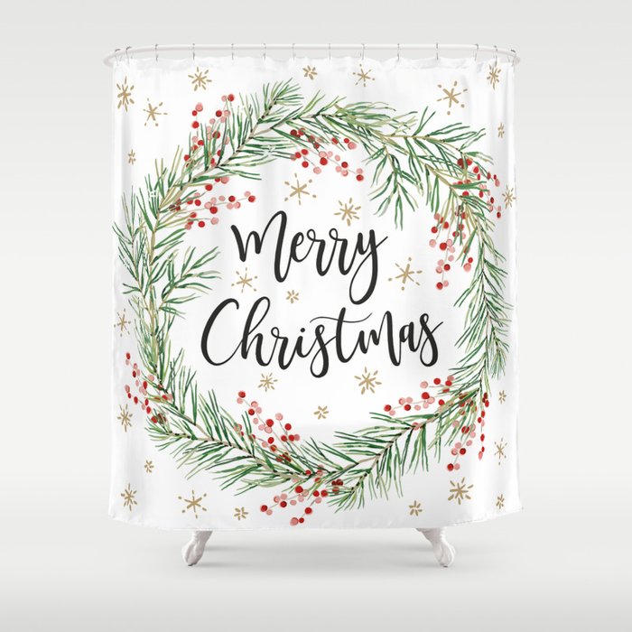 Merry Christmas wreath with red berries Shower Curtain