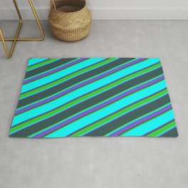 [ Thumbnail: Cyan, Slate Blue, Dark Slate Gray & Lime Green Colored Stripes Pattern Rug ]