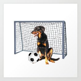 Doberman dog  - Football Soccer goal Art Print