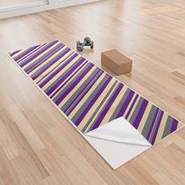 [ Thumbnail: Indigo, Dim Grey, and Tan Colored Lined Pattern Yoga Towel ]