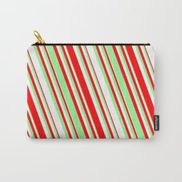 [ Thumbnail: Red, Green & White Colored Striped/Lined Pattern Carry-All Pouch ]