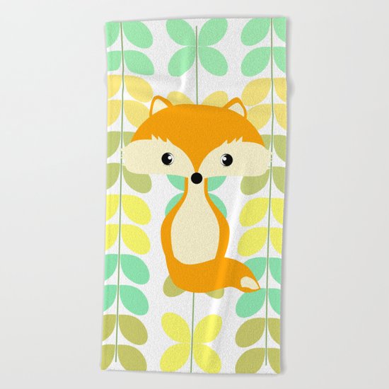 Fox and multicolored leaves Beach Towel