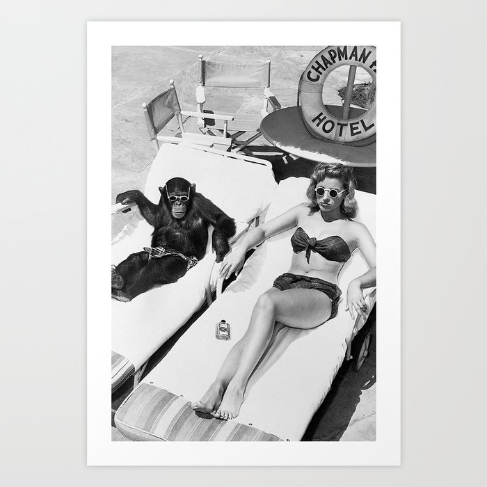 Lady and Chimp Sunbathing, Black and White, Vintage Art Art Print