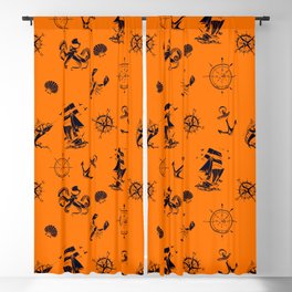 Orange And Blue Silhouettes Of Vintage Nautical Pattern Blackout Curtain