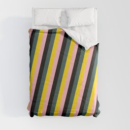[ Thumbnail: Dark Slate Gray, Yellow, Light Pink & Black Colored Lined/Striped Pattern Comforter ]