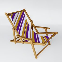 [ Thumbnail: Dark Goldenrod, Indigo, and Lavender Colored Lined Pattern Sling Chair ]