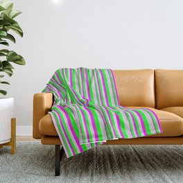 [ Thumbnail: Fuchsia, Lime, and Light Grey Colored Lined/Striped Pattern Throw Blanket ]