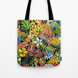 Cartoon doodles Hawaii seamless pattern. Backdrop with Hawaiian culture symbols and items. Colorful detailed, with lots of objects background Tote Bag