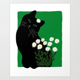 Black Cat and Daisies Art Print | Kawaii, Cute, Curated, Cats, Catlover, Cat, Animal, Pets, Daisies, Flowersandcat 