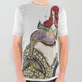 Rainy Day Mermaid on a Giant Squid - Fantasy Art All Over Graphic Tee