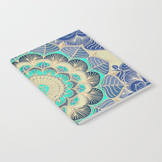 Midnight Bloom - detailed floral doodle in gold, navy blue & mint Notebook