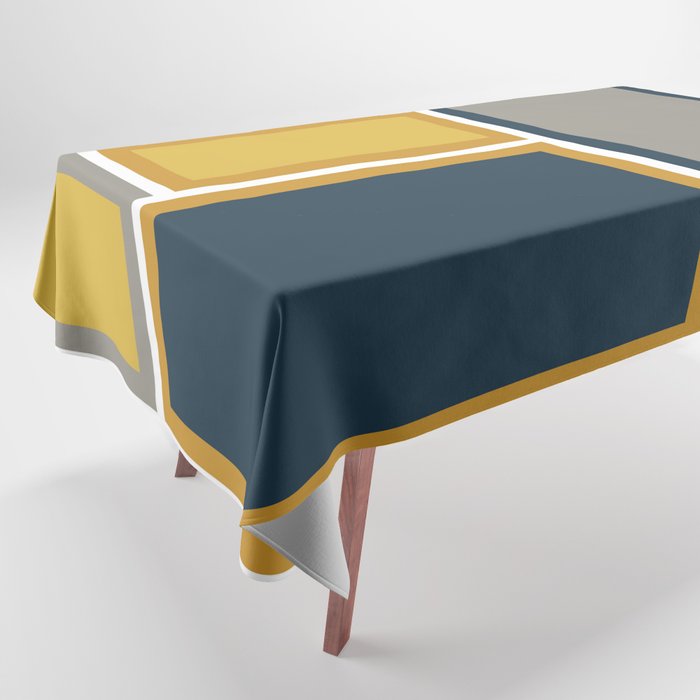 Modular Midcentury Modern Geometric Pattern in Navy Blue, Mustard, Grey, and White Tablecloth