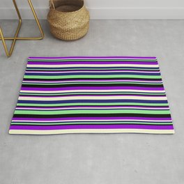 [ Thumbnail: Dark Violet, Light Yellow, Midnight Blue, Light Green, and Black Colored Lined/Striped Pattern Rug ]