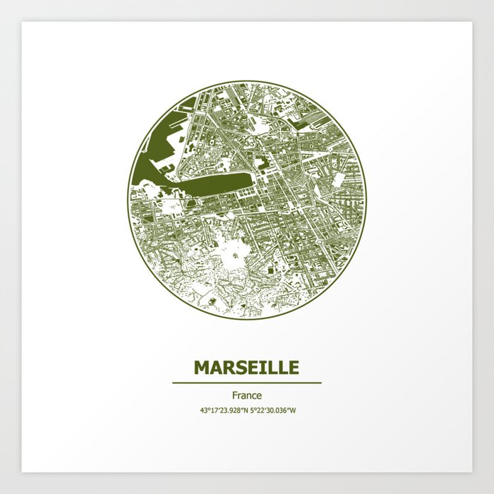 Marseille city map coordinates Art Print