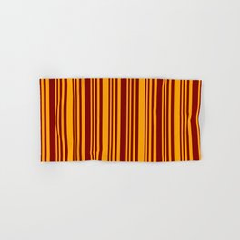 [ Thumbnail: Maroon and Orange Colored Stripes Pattern Hand & Bath Towel ]
