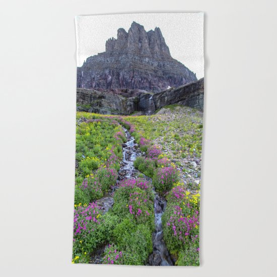 Mountain Waterfall Flowers Beach Towel