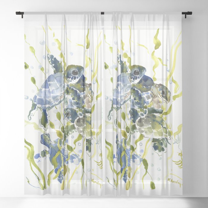 Turtle Baby Sea Turtles, underwater scene olive green, green indigo blue children Sheer Curtain