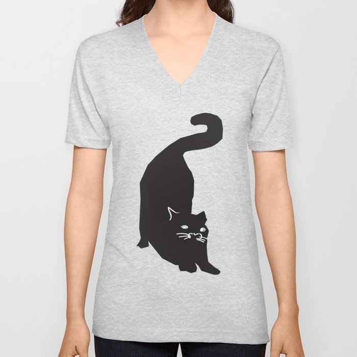 Black Cat V Neck T Shirt