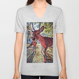 Deer Photo Bomb - Realistic Deer Drawing V Neck T Shirt
