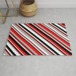 [ Thumbnail: Red, Dark Grey, Light Cyan, and Black Colored Striped Pattern Rug ]