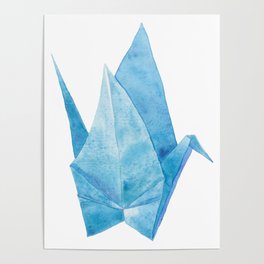 Blue Origami Paper Crane (watercolour) Poster
