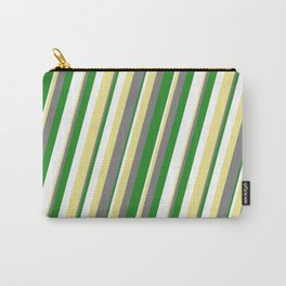 [ Thumbnail: Tan, Gray, Forest Green, and White Colored Stripes Pattern Carry-All Pouch ]