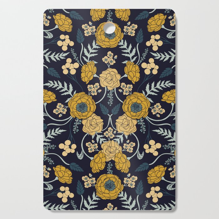 Navy Blue, Turquoise, Cream & Mustard Yellow Dark Floral Pattern Cutting Board