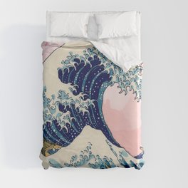 The Great Wave off Kanagawa by Hokusai in pink Duvet Cover